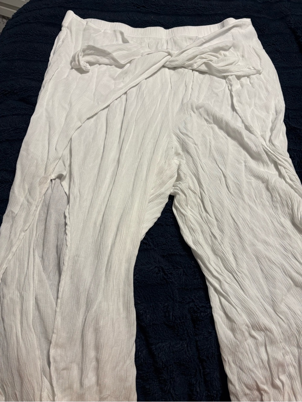 White Crinkled Tie-Waist Pants